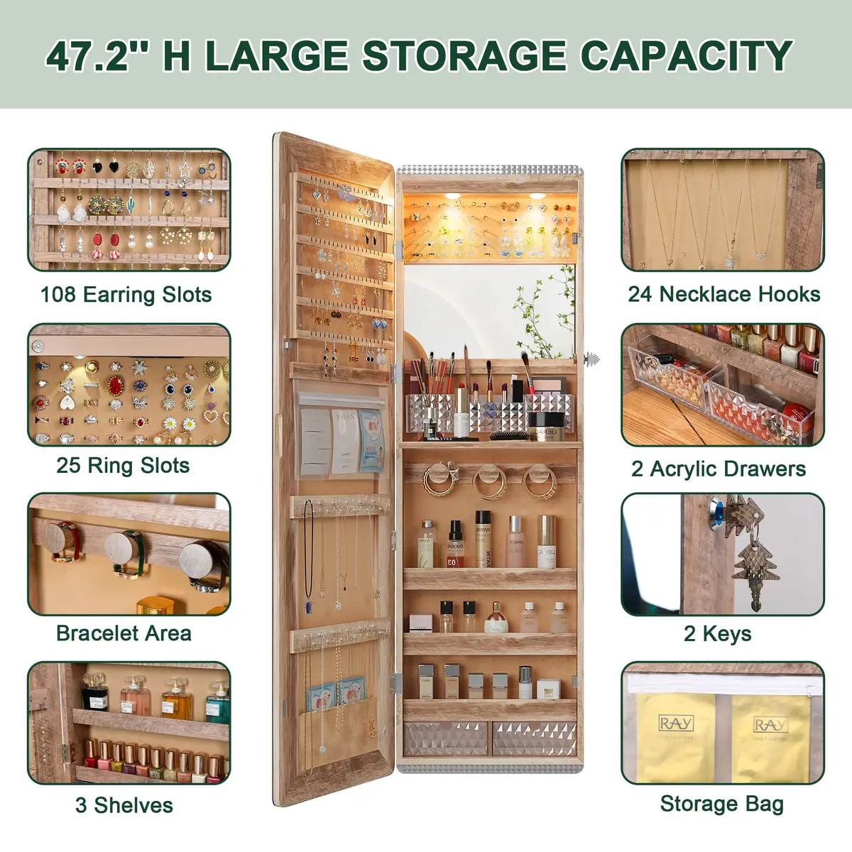 HNEBC Jewelry Organizer with LED Lights & Full-Length Mirror | Wall Mounted, Lockable, 47.2" - view 3