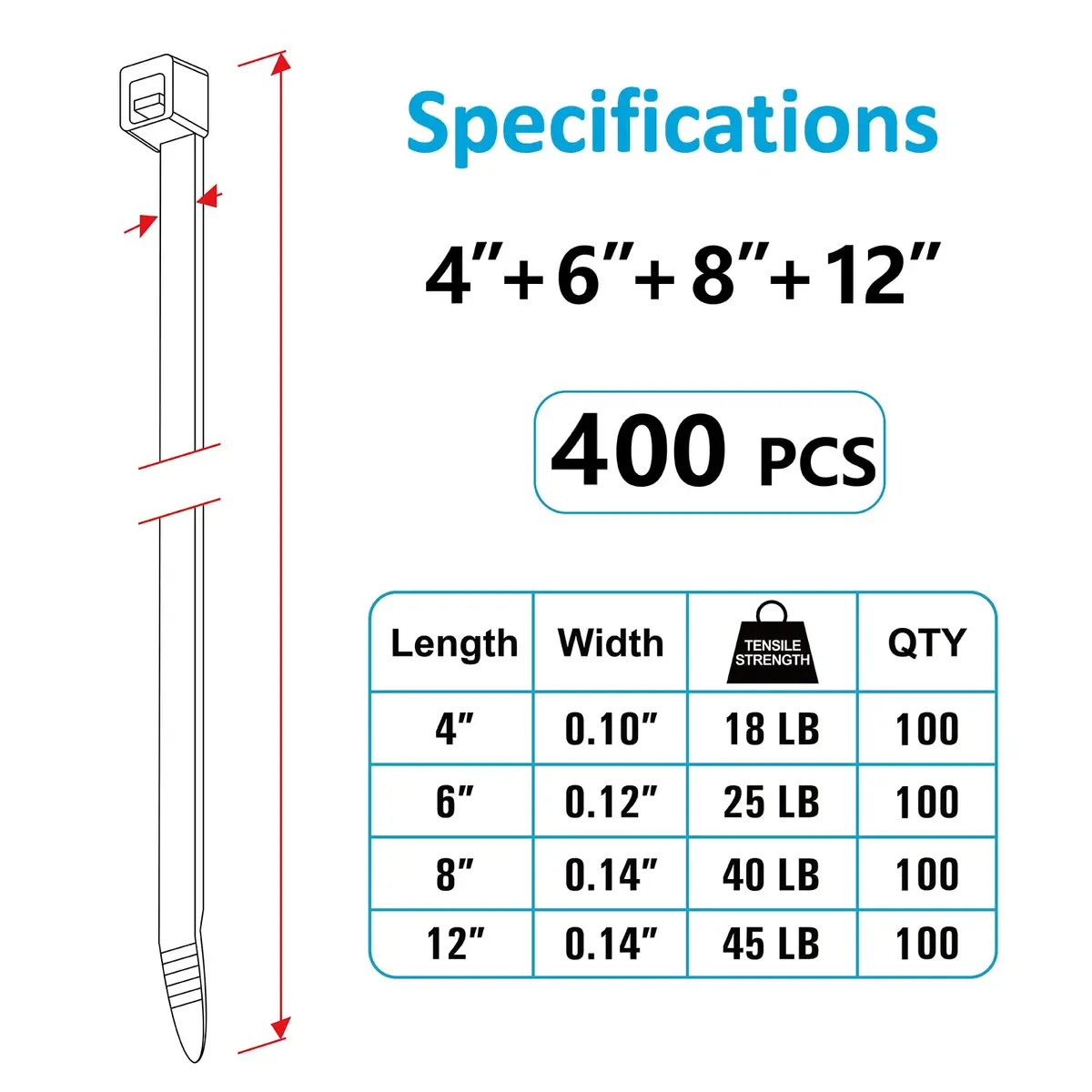 ANOSON Black Zip Ties Assorted Sizes 4"+6"+8"+12" | UV Resistant Nylon, 400 Pack, Indoor & Outdoor Use - view 2