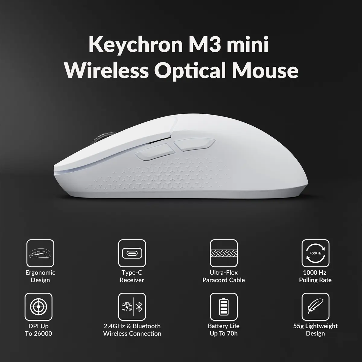 Keychron M3 Mini Wireless Optical Mouse | Bluetooth 5.1/2.4 GHz | Programmable PixArt 3395 Sensor | 26,000 DPI | Lightweight Ergonomic - view 5