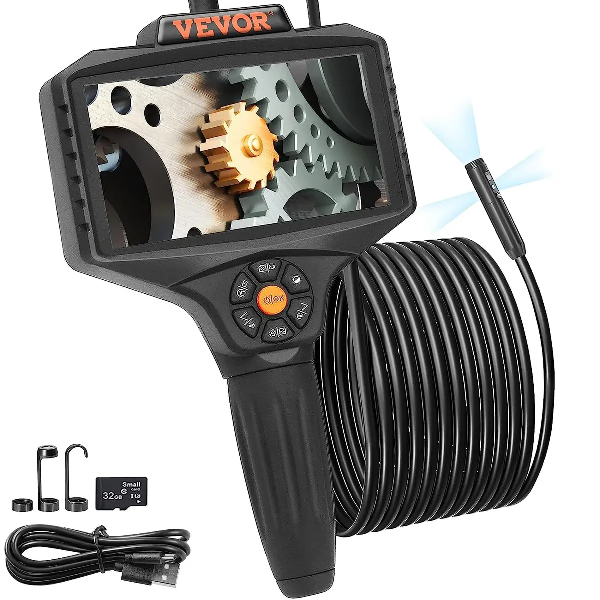 VEVOR Triple Lens Inspection Camera with Light, 5" IPS Screen, 16.5ft Cable, 1080P HD, 8X Zoom, Waterproof IP67, Automotive & Plumbing Use - main product image