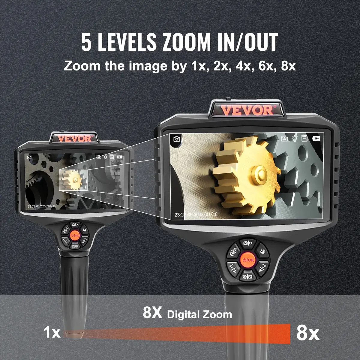 VEVOR Triple Lens Inspection Camera with Light, 5" IPS Screen, 16.5ft Cable, 1080P HD, 8X Zoom, Waterproof IP67, Automotive & Plumbing Use - view 5