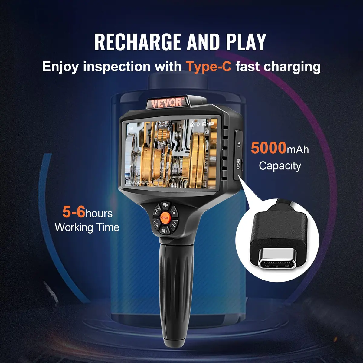 VEVOR Triple Lens Inspection Camera with Light, 5" IPS Screen, 16.5ft Cable, 1080P HD, 8X Zoom, Waterproof IP67, Automotive & Plumbing Use - view 6