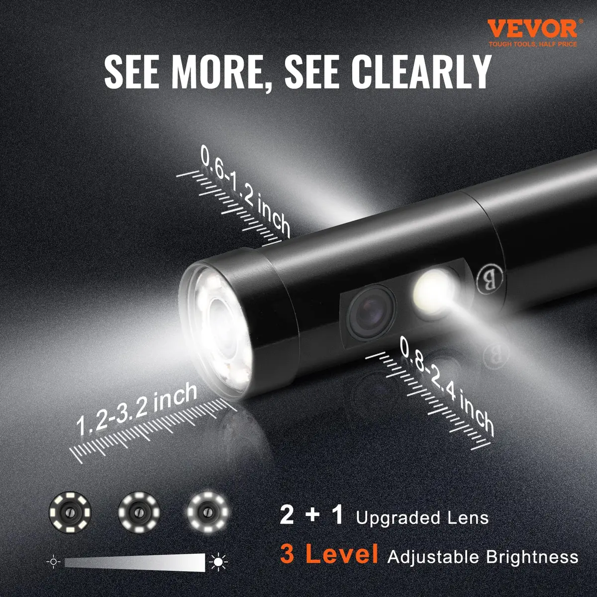 VEVOR Triple Lens Inspection Camera with Light, 5" IPS Screen, 16.5ft Cable, 1080P HD, 8X Zoom, Waterproof IP67, Automotive & Plumbing Use - view 2