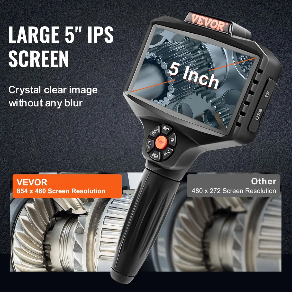 VEVOR Triple Lens Inspection Camera with Light, 5" IPS Screen, 16.5ft Cable, 1080P HD, 8X Zoom, Waterproof IP67, Automotive & Plumbing Use - view 3