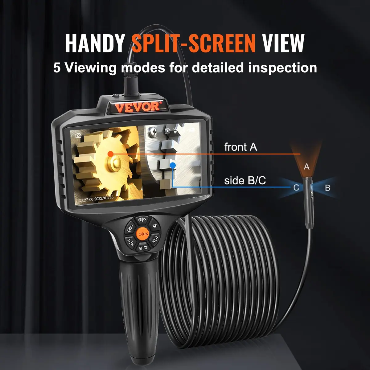 VEVOR Triple Lens Inspection Camera with Light, 5" IPS Screen, 16.5ft Cable, 1080P HD, 8X Zoom, Waterproof IP67, Automotive & Plumbing Use - view 4
