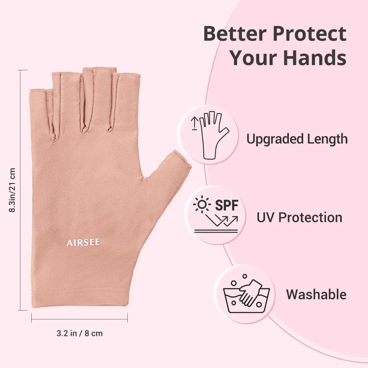 AIRSEE Anti UV Gloves for Nail Lamp, UPF50+ Pink Fingerless Gloves | Blocks 99% UV Rays - view 5
