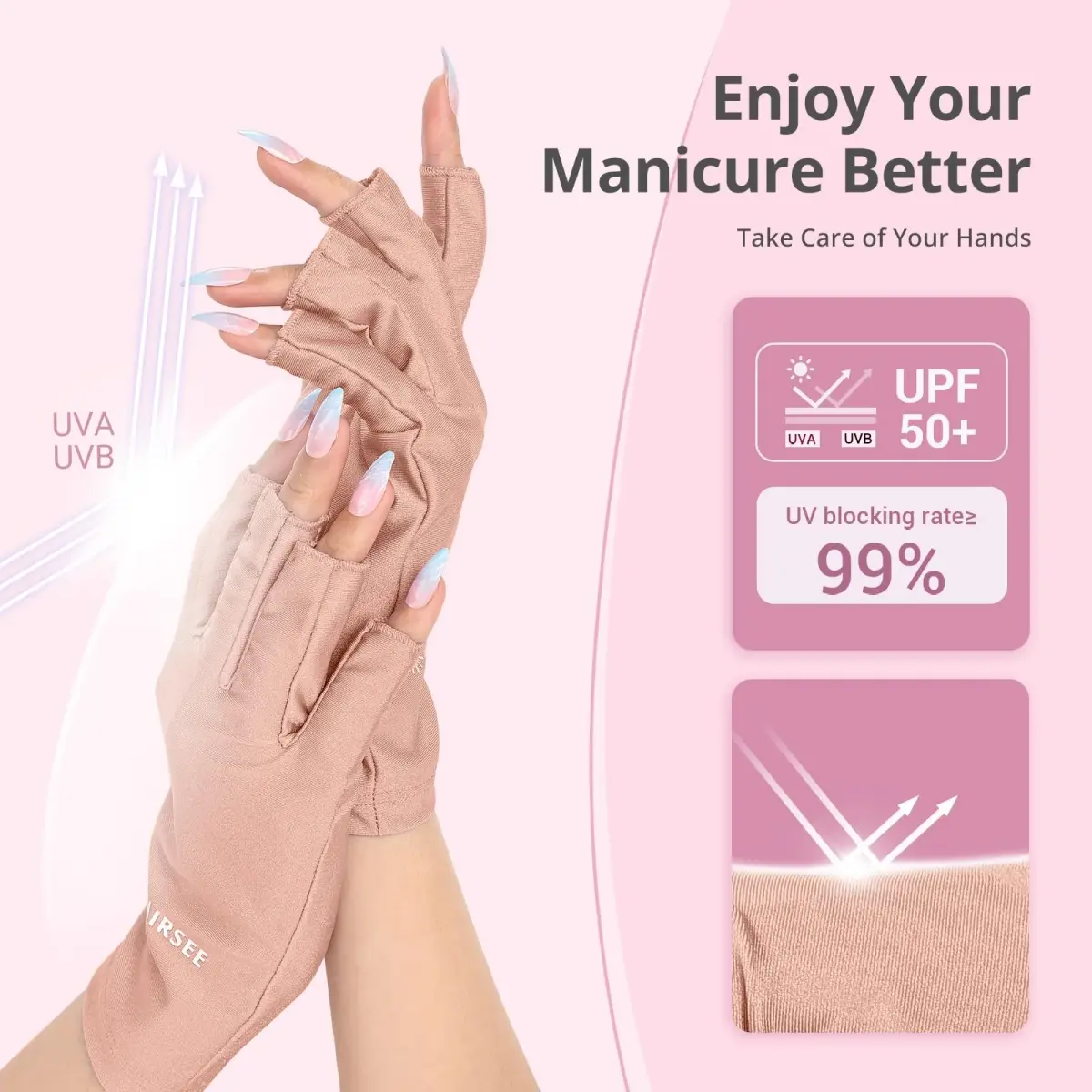 AIRSEE Anti UV Gloves for Nail Lamp, UPF50+ Pink Fingerless Gloves | Blocks 99% UV Rays - view 2