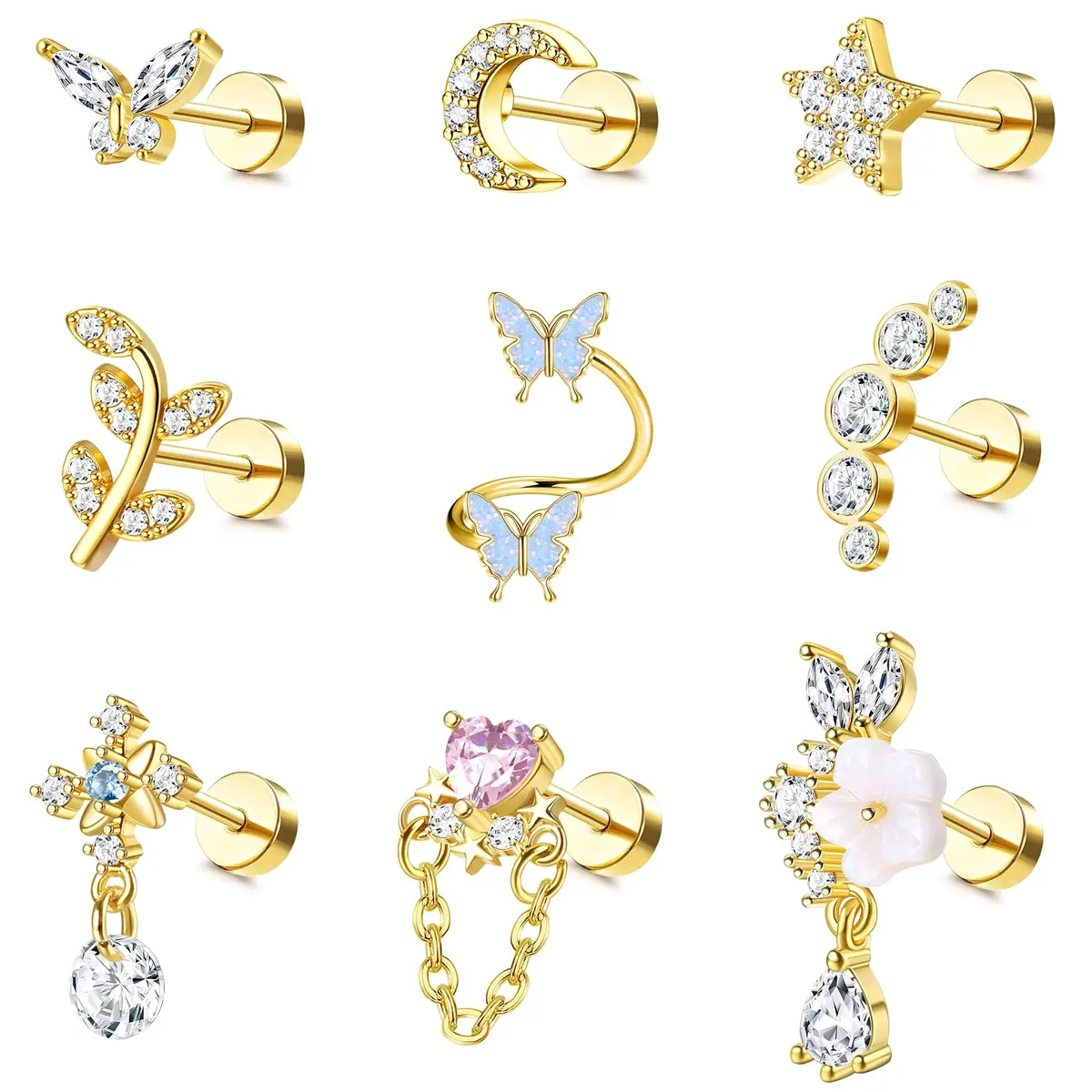 LOLIAS 16 Gauge Flat Back Cartilage Earrings for Women Hypoallergenic Stud | 9 Pcs Stainless Steel Varieties - main product image
