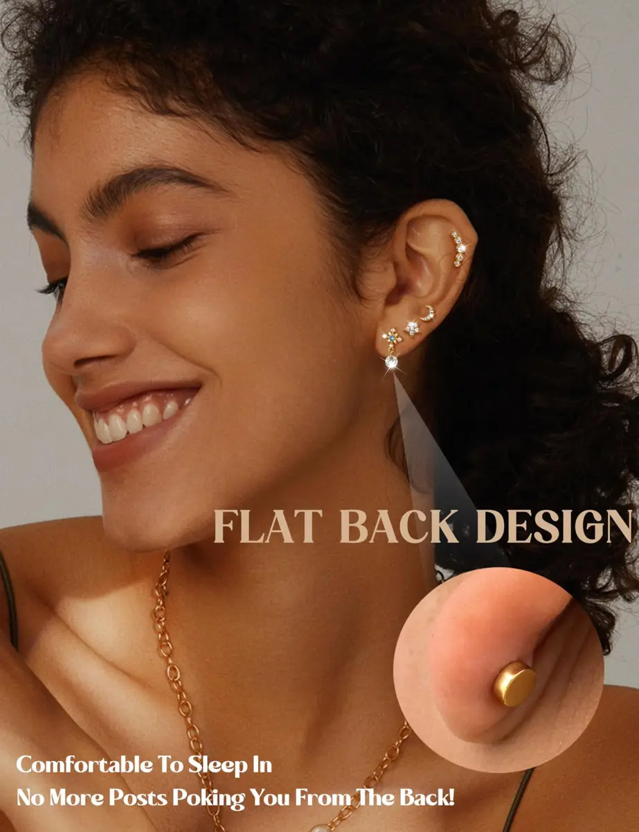 LOLIAS 16 Gauge Flat Back Cartilage Earrings for Women Hypoallergenic Stud | 9 Pcs Stainless Steel Varieties - view 2