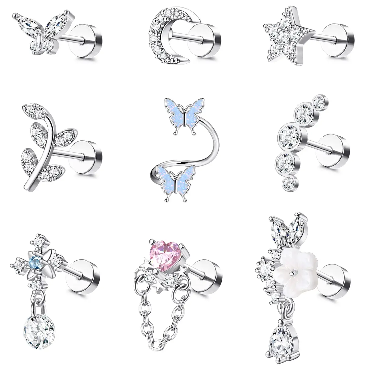 LOLIAS 16 Gauge Flat Back Cartilage Earrings for Women Hypoallergenic Stud | 9 Styles, Silver Tone, 6mm Post - main product image
