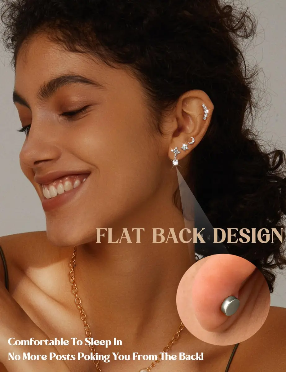 LOLIAS 16 Gauge Flat Back Cartilage Earrings for Women Hypoallergenic Stud | 9 Styles, Silver Tone, 6mm Post - view 2