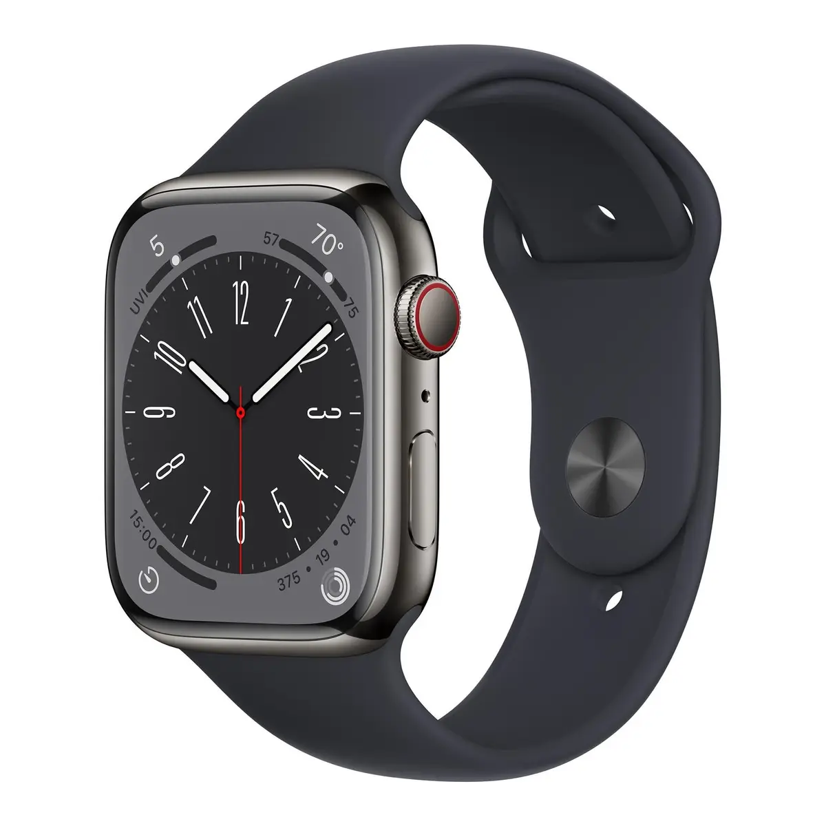Apple Watch Series 8 (GPS+Cellular, 45mm) Graphite Stainless Steel Case with Midnight Sport Band M/L | Advanced Health & Safety Features - main product image