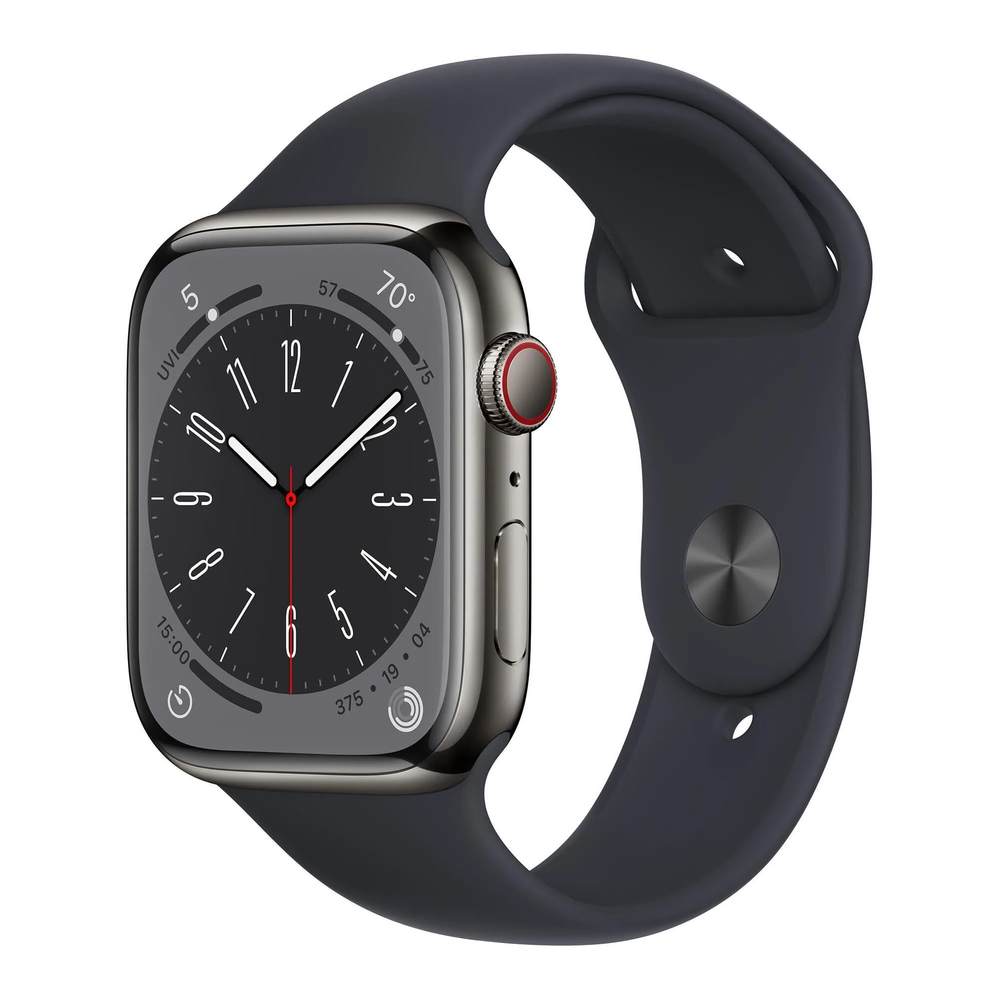 Apple Watch Series 8 GPS Cellular 45mm Smartwatch Graphite Stainless Steel Case Midnight Sport Band | Health Fitness Sleep Tracking - main product image