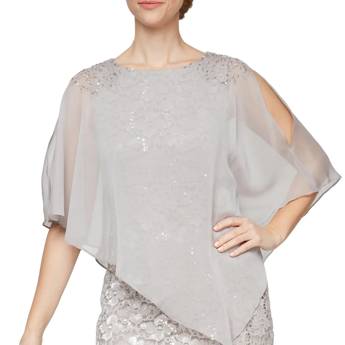 S.L. Fashions Women's Long Length Sequin Lace Beaded Capelet Dress | Formal Evening Gown in Deep Plum (8P) - view 4