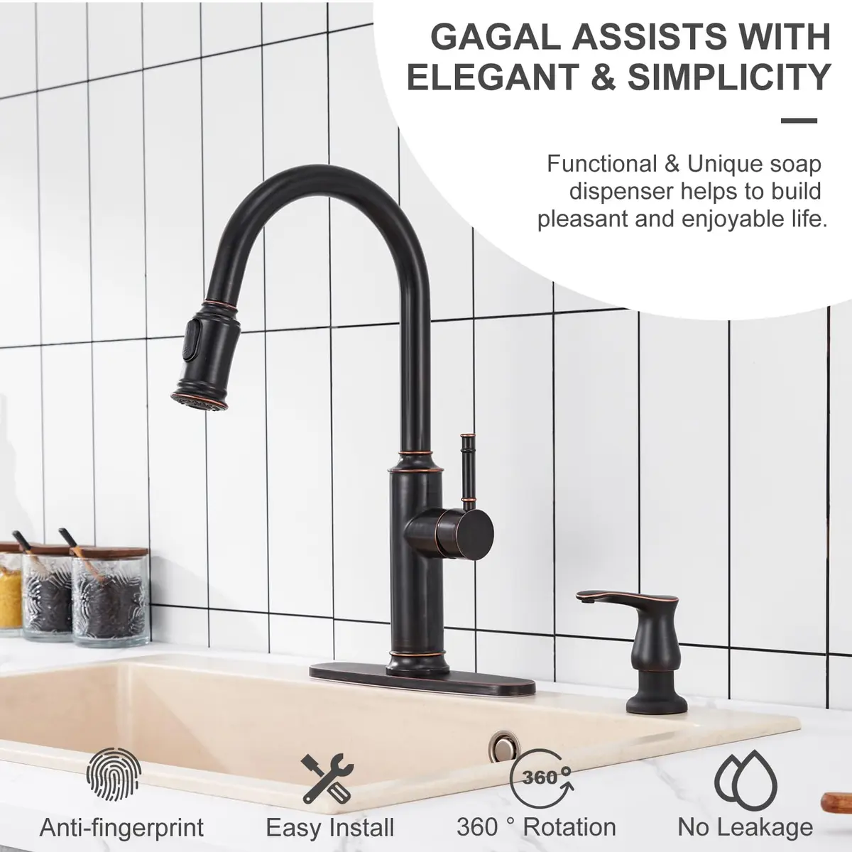 GAGALIFE Built-In Kitchen Sink Soap Dispenser with 500ml (17 OZ) Bottle - Oil Rubbed Bronze Finish | Easy Refill Top-Pump for Kitchens - view 3