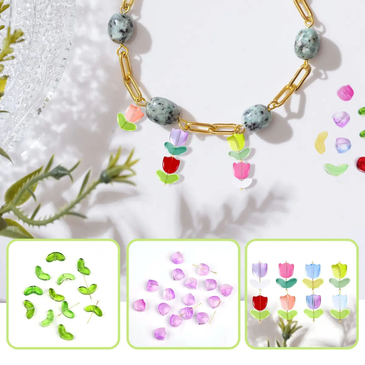 SAVITA 160pcs Tulip Flower Beads | Colorful Translucent Glass for Jewelry Making - view 5