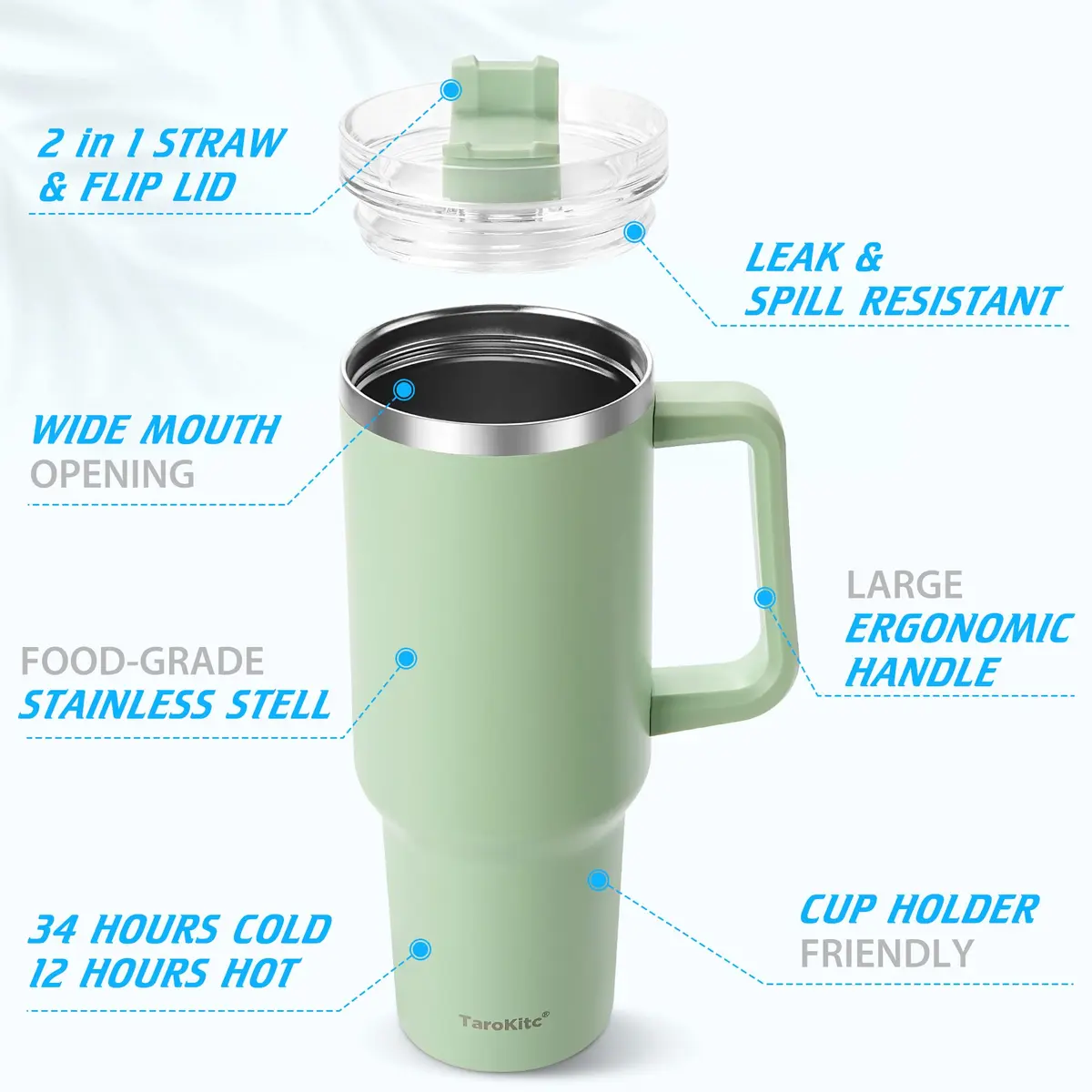 TaroKitc 40 oz Insulated Tumbler with Handle | Stainless Steel Travel Mug Keeps Cold 34H - view 5