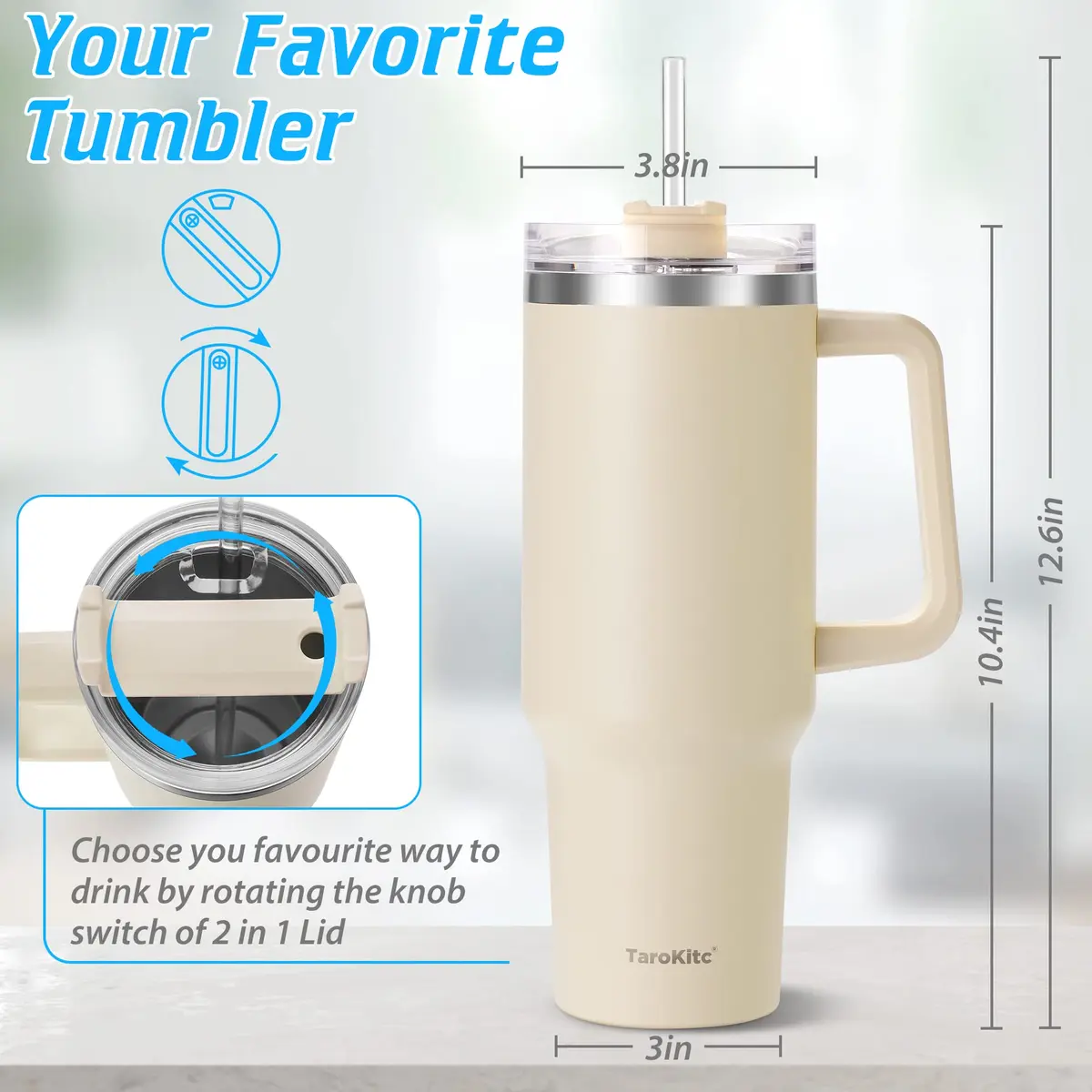 TaroKitc 40 oz Insulated Tumbler with Handle | Stainless Steel Travel Mug Keeps Cold 34H - view 6