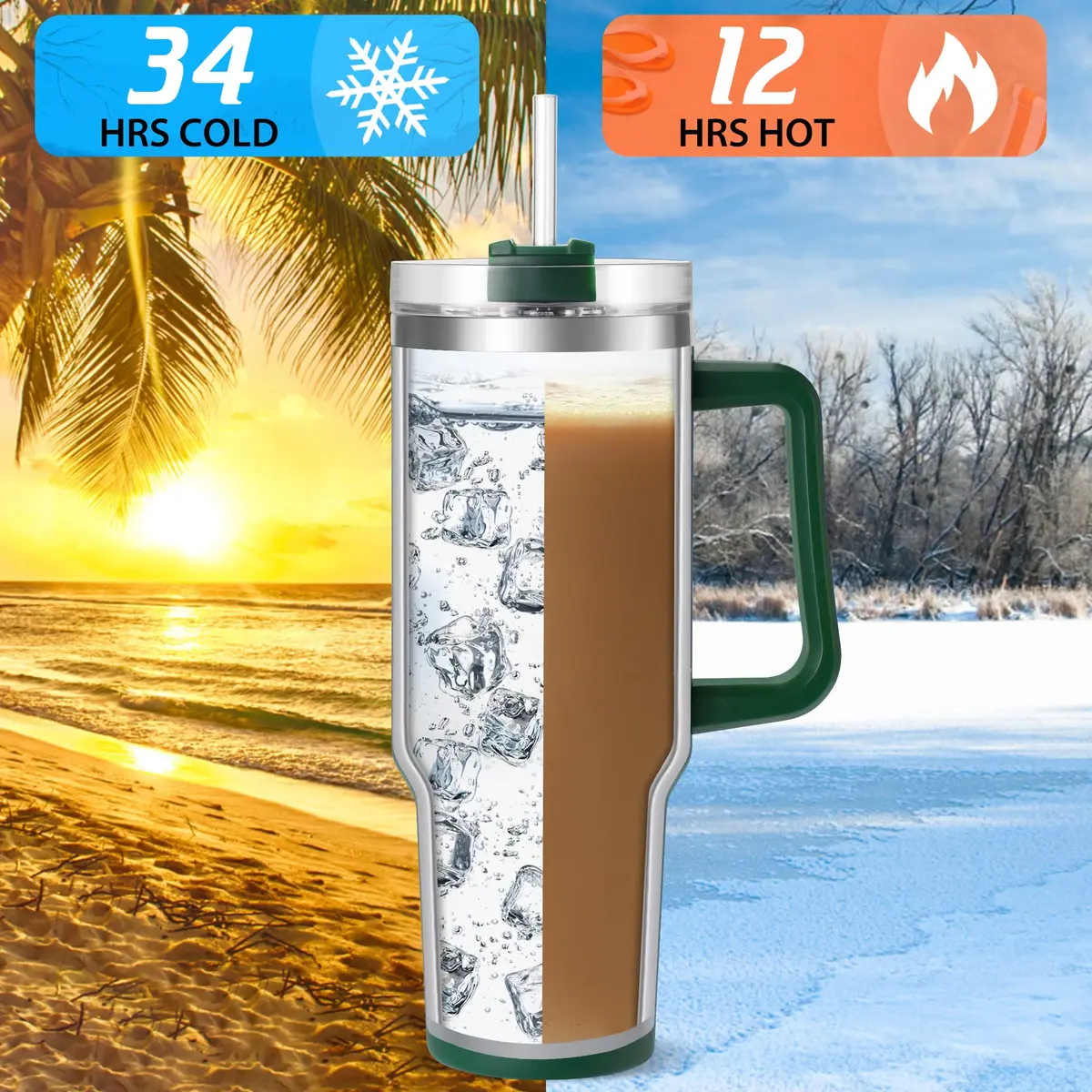 TaroKitc 40 oz Insulated Tumbler with Handle | Stainless Steel Travel Mug Keeps Cold 34H - view 3
