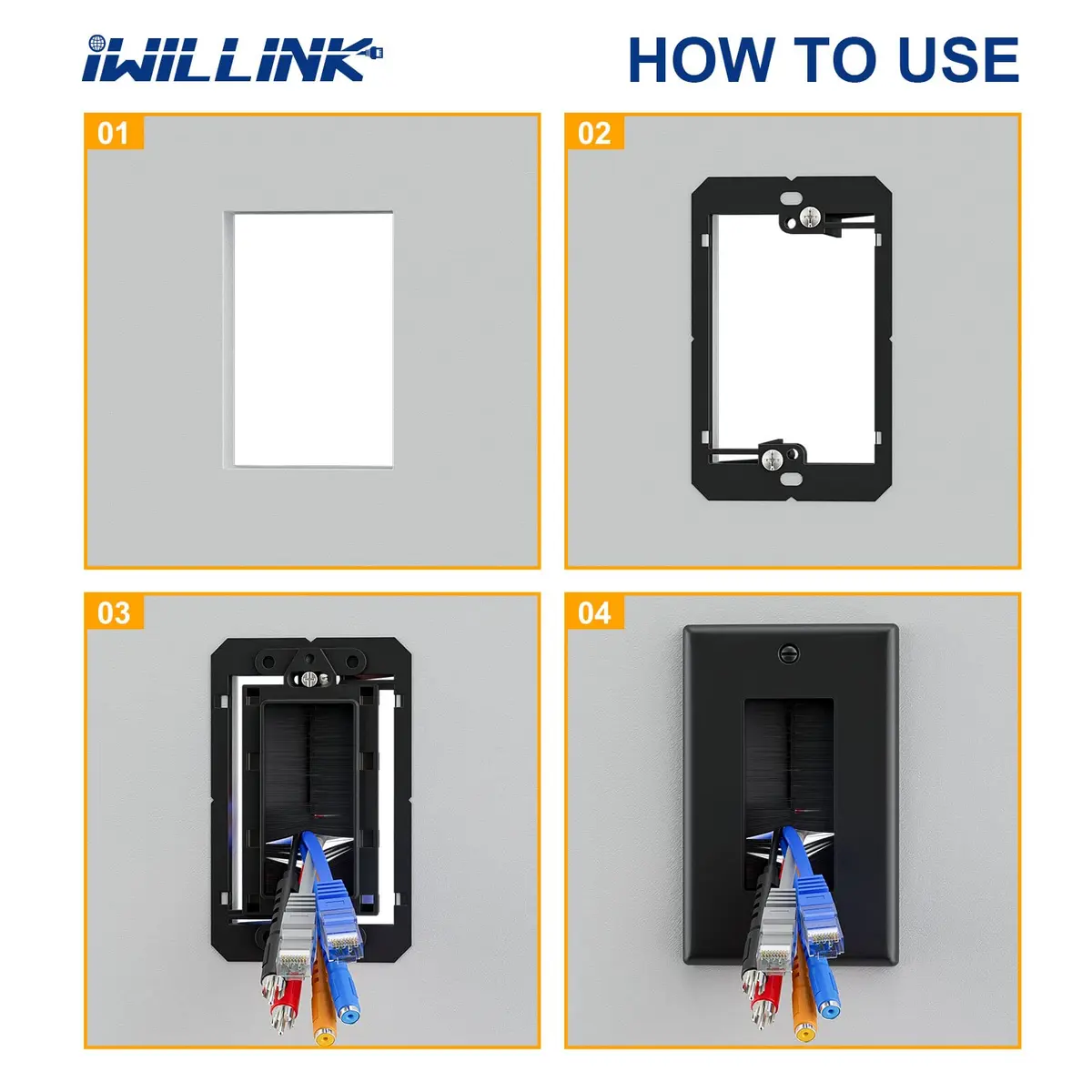 iwillink Black Brush Wall Plate 10 Pack | Single Gang Cable Pass Through Insert for Wires - view 5