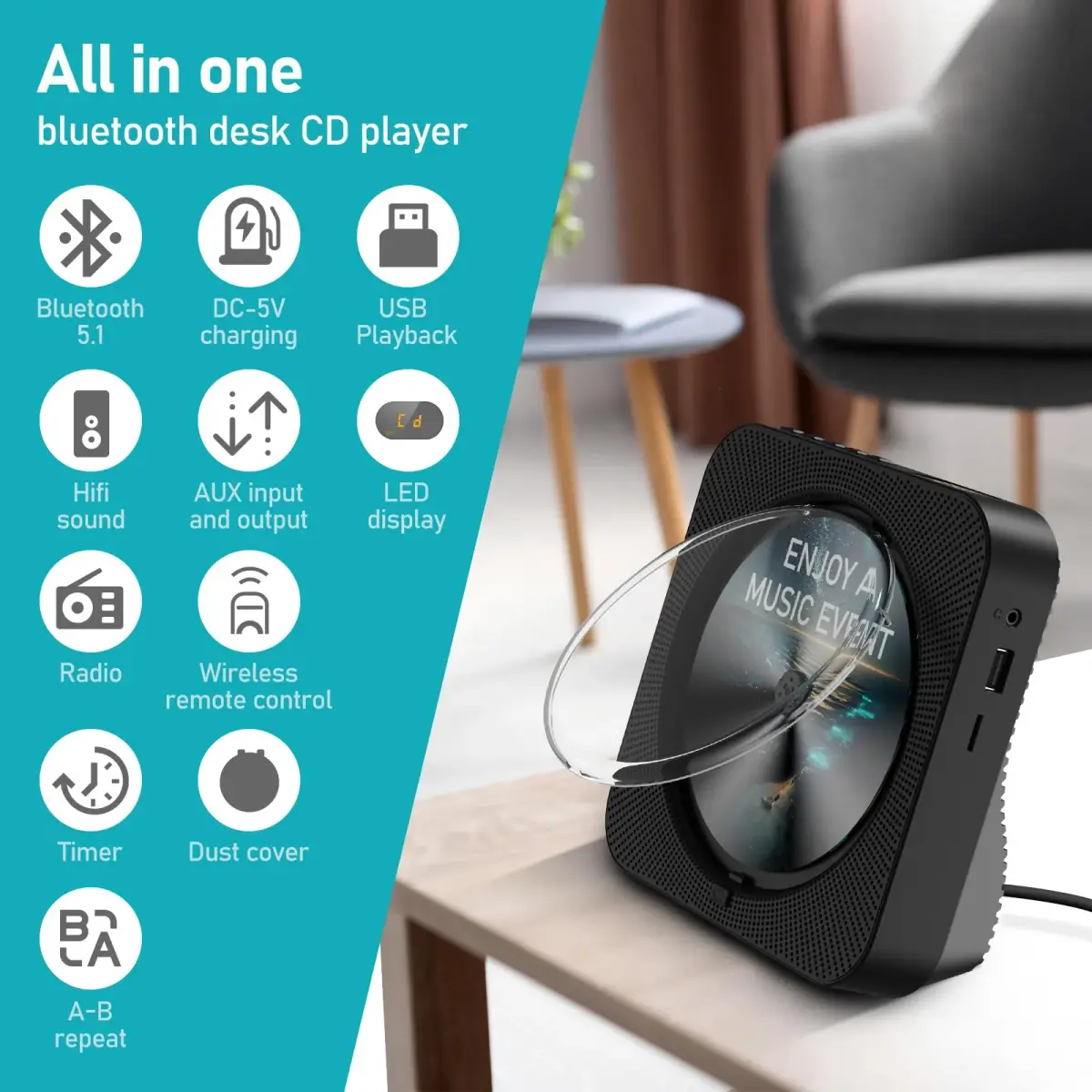 MICOCIOUS Bluetooth CD Player with Speakers & Remote | Black | 16.7cm x 16.7cm x 6.6cm (6.57" x 6.57" x 2.6") - view 6
