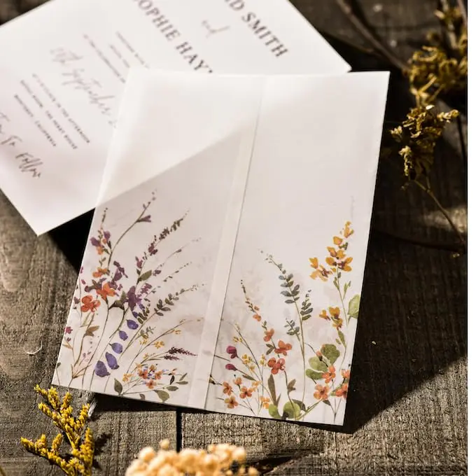 Puremigo 50 Pack Wildflower Printed Pre-Folded Vellum Jackets for 5x7 Invitations - 115GSM Vellum Paper 5x7 Jackets - Wedding Invitations Wraps - Transparent - view 10