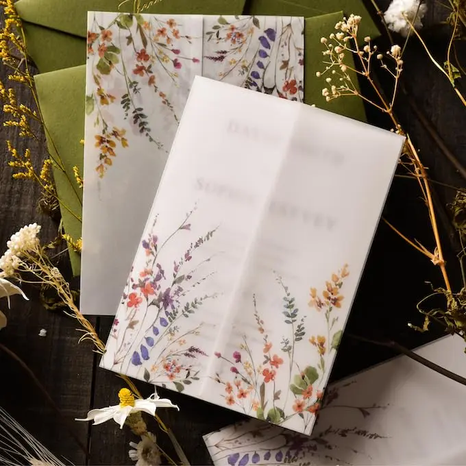 Puremigo 50 Pack Wildflower Printed Pre-Folded Vellum Jackets for 5x7 Invitations - 115GSM Vellum Paper 5x7 Jackets - Wedding Invitations Wraps - Transparent - view 4