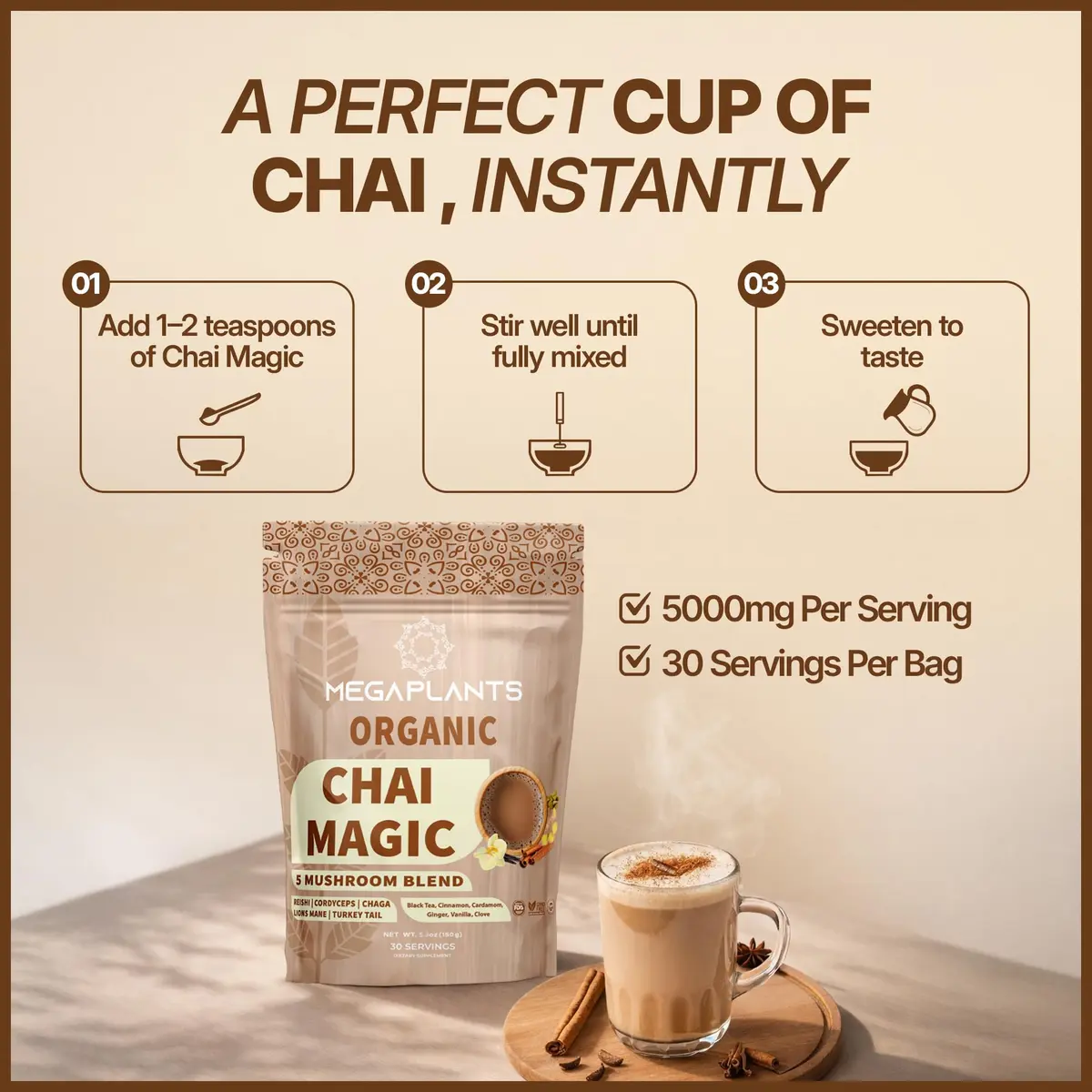 Megaplants Mushroom Chai Tea | Organic Masala Chai Latte Coffee Alternative for Focus & Wellness - view 6
