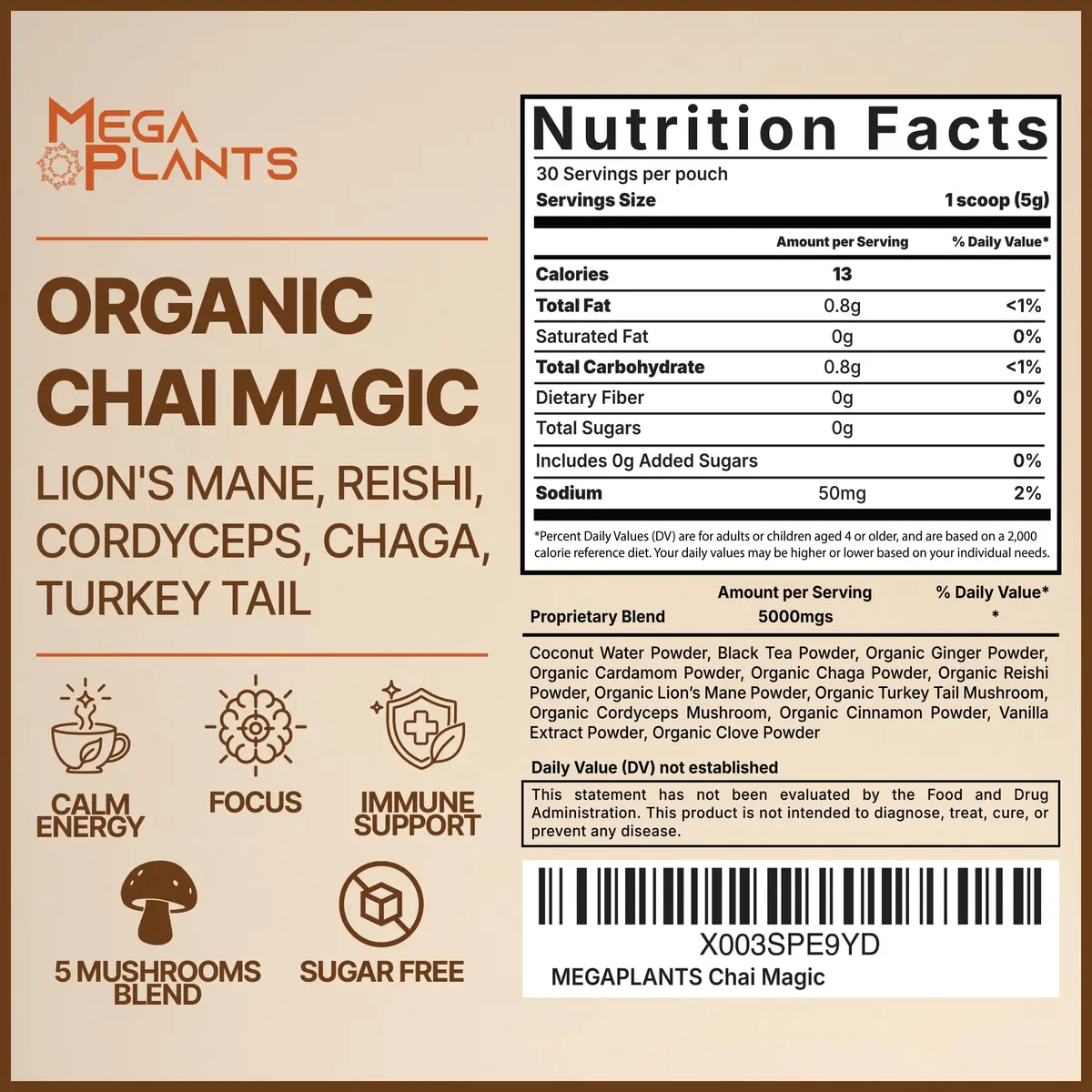 Megaplants Mushroom Chai Tea | Organic Masala Chai Latte Coffee Alternative for Focus & Wellness - view 2