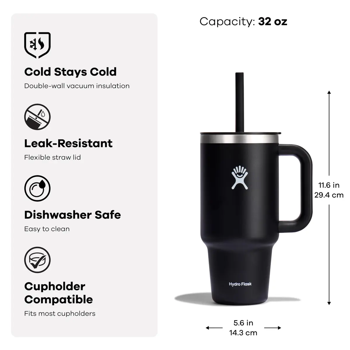 Hydro Flask Travel Tumbler with Handle, Lid and Straw - Insulated Stainless Steel 946ml (32 Oz) Black | Keeps Cold 24 Hrs - view 8