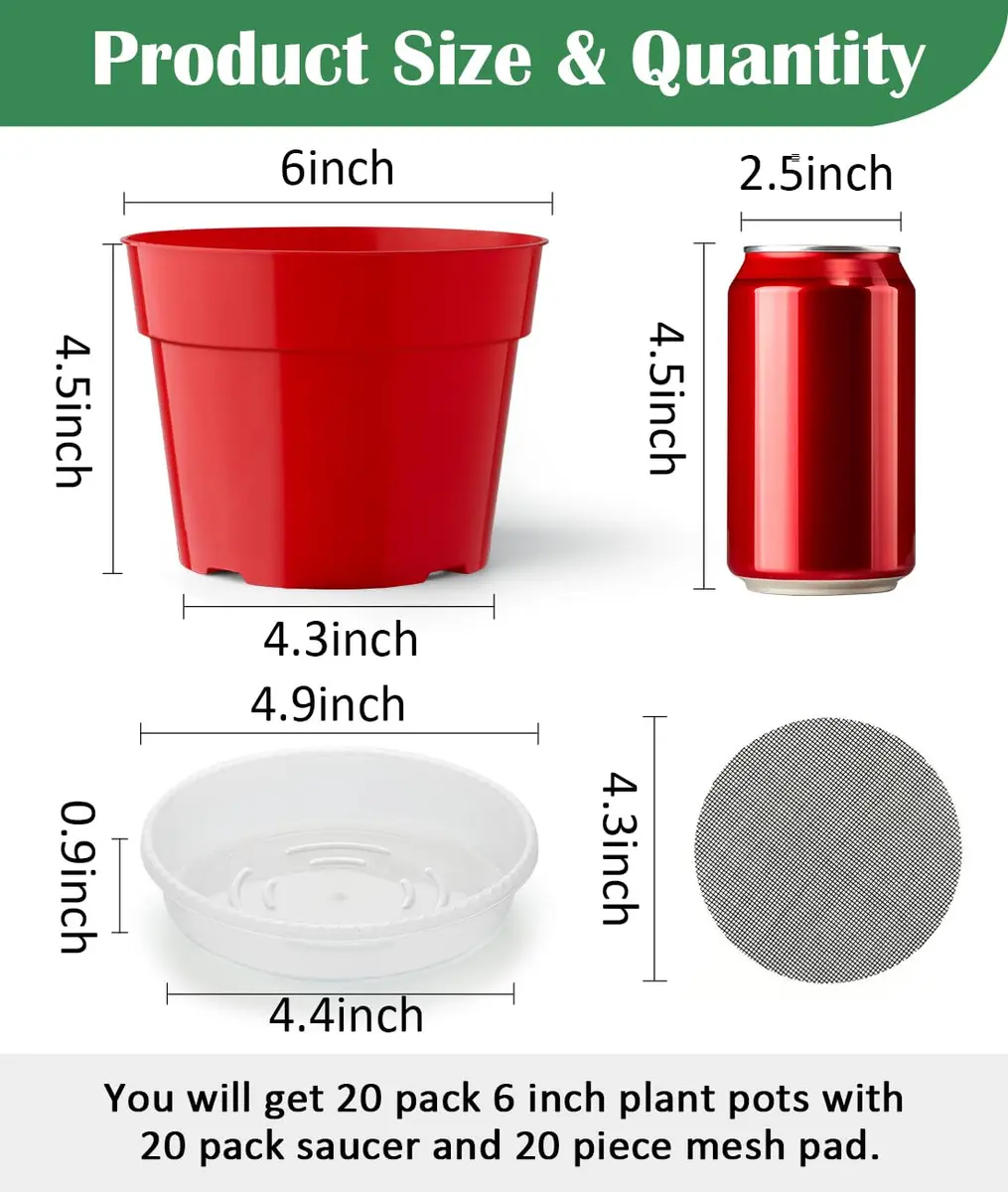 RooTrimmer 6 Inch Red Plastic Plant Pots with Saucers & Mesh Pads (20-Pack) | Durable Nursery Pots for Indoor/Outdoor Use - view 2