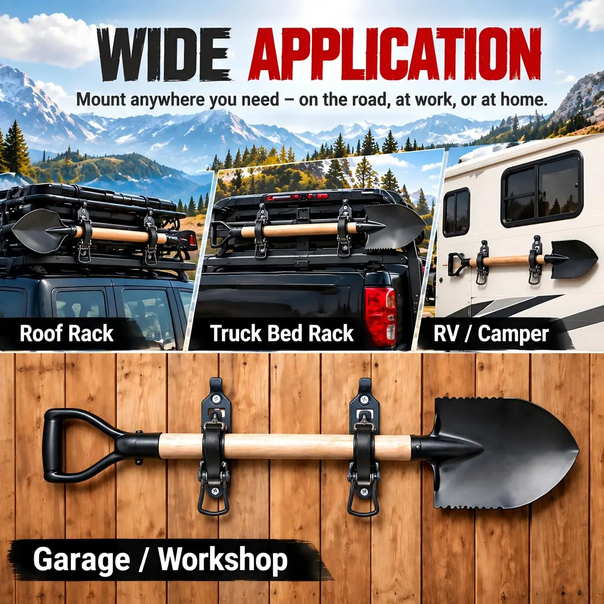 Gulfmew Heavy Duty Metal Shovel Holder for Truck, 2 Pcs Mount with Rubber Grip | 2.56 x 1.27 in (6.5 x 3.2 cm) Base, 0.67-1.57 in (1.7-4.0 cm) Tool Diameter - view 2