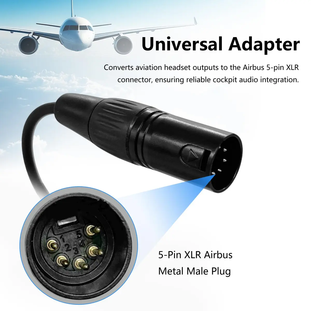 WODASEN Airbus Headset Adapter for General Aviation Dual Jacks to Airbus XLR 5 Pin, Black - view 3