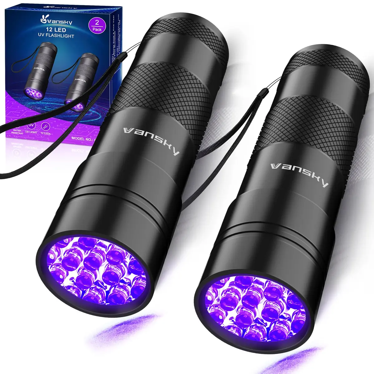 Vansky Black 2 Pack Tool | UV Pet Urine & Stain Detector, 395nm, 12 LED, Waterproof Aluminum Alloy, 5+ Hours Runtime - main product image