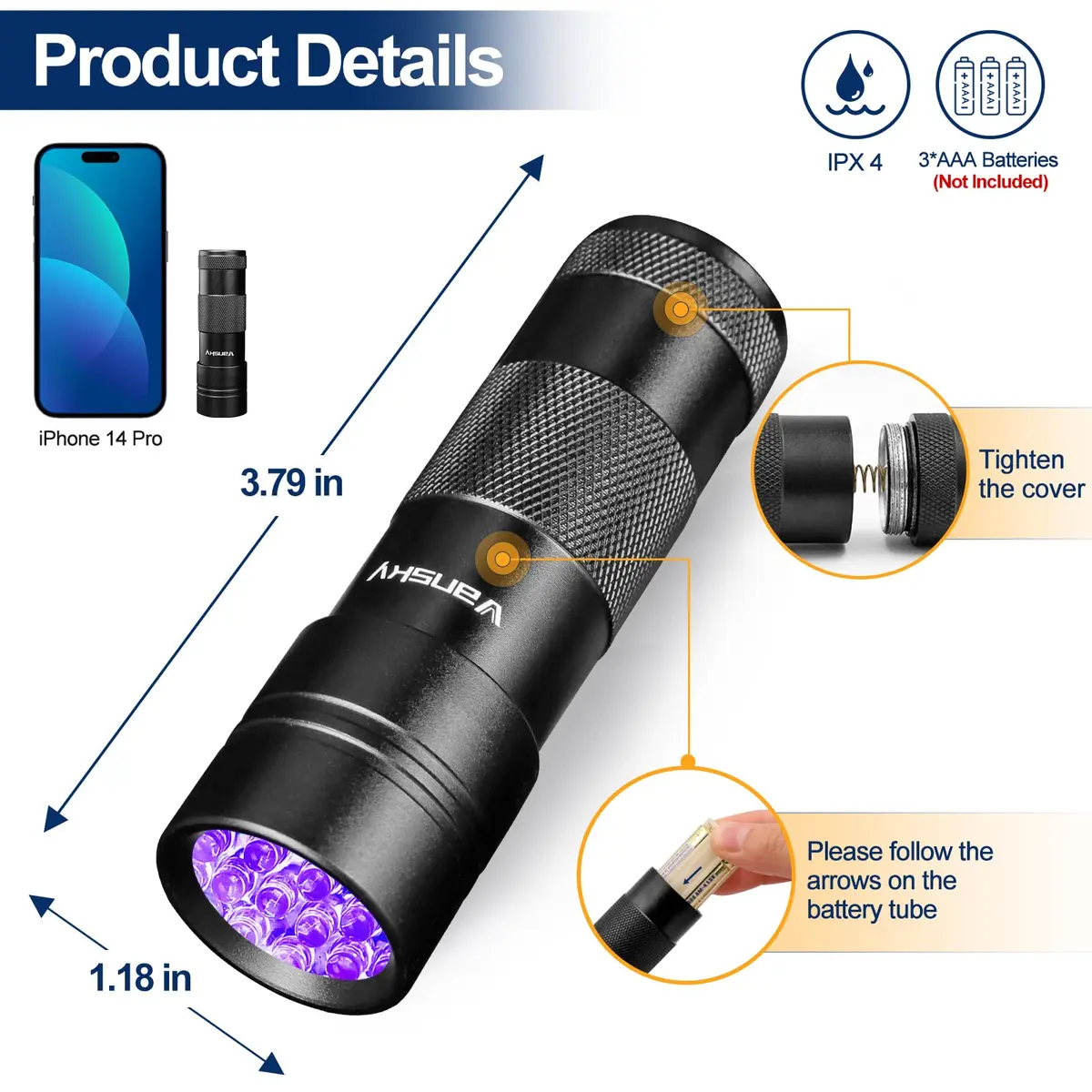 Vansky Black 2 Pack Tool | UV Pet Urine & Stain Detector, 395nm, 12 LED, Waterproof Aluminum Alloy, 5+ Hours Runtime - view 6