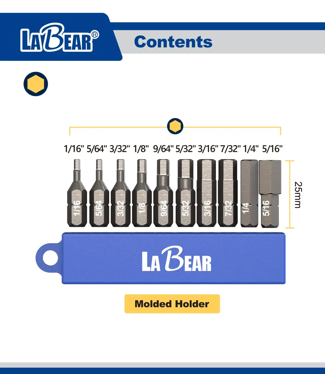 LABEAR 10-Piece SAE Short Allen Wrench Drill Bit Set, 1-Inch S2 Steel | Magnetic Tip Hex Bits for Drills & Drivers - view 2