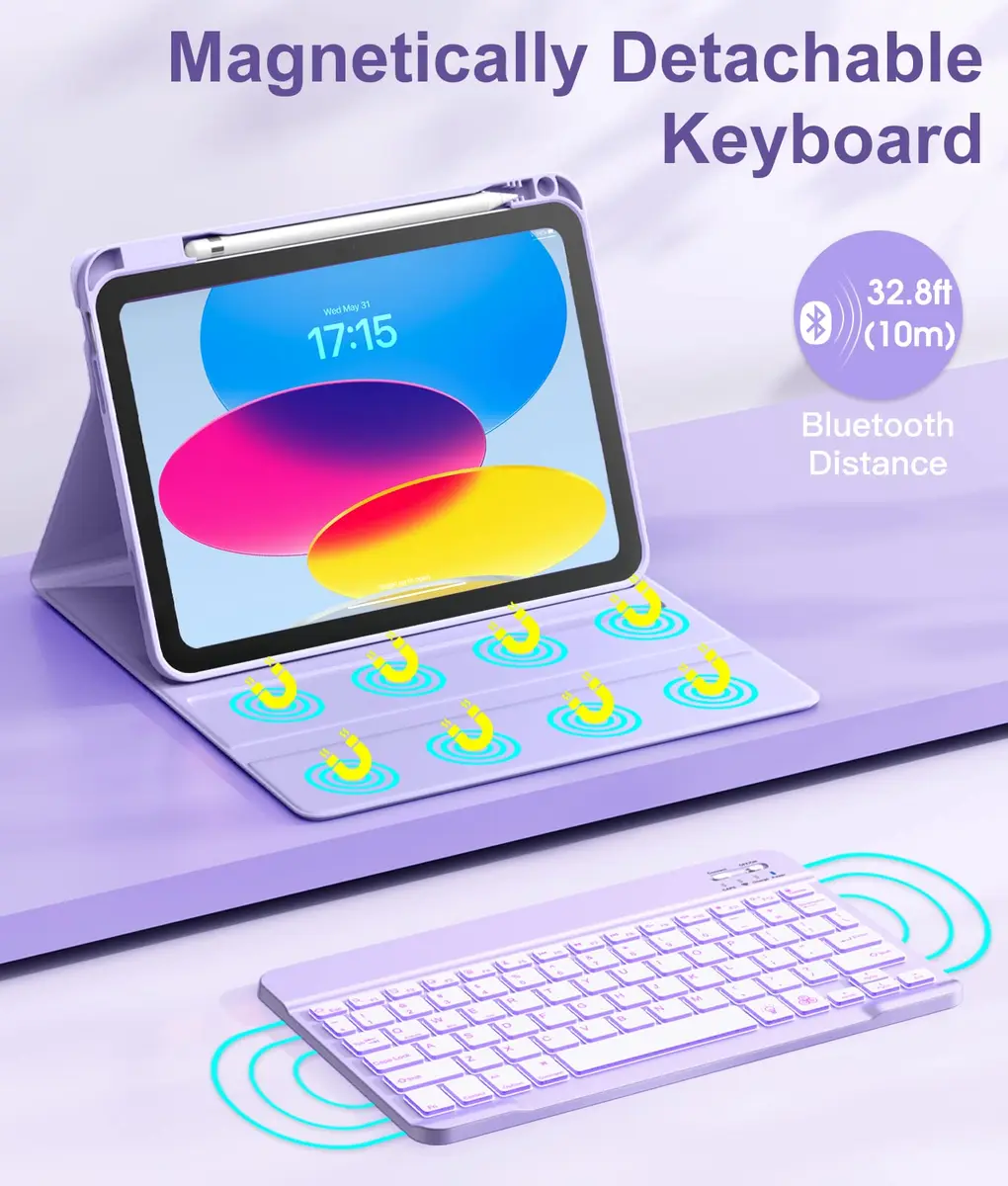 Hamile Keyboard Case for iPad A16 11th & 10th Gen | 7-Color Backlit, Detachable, Slim Design - view 4