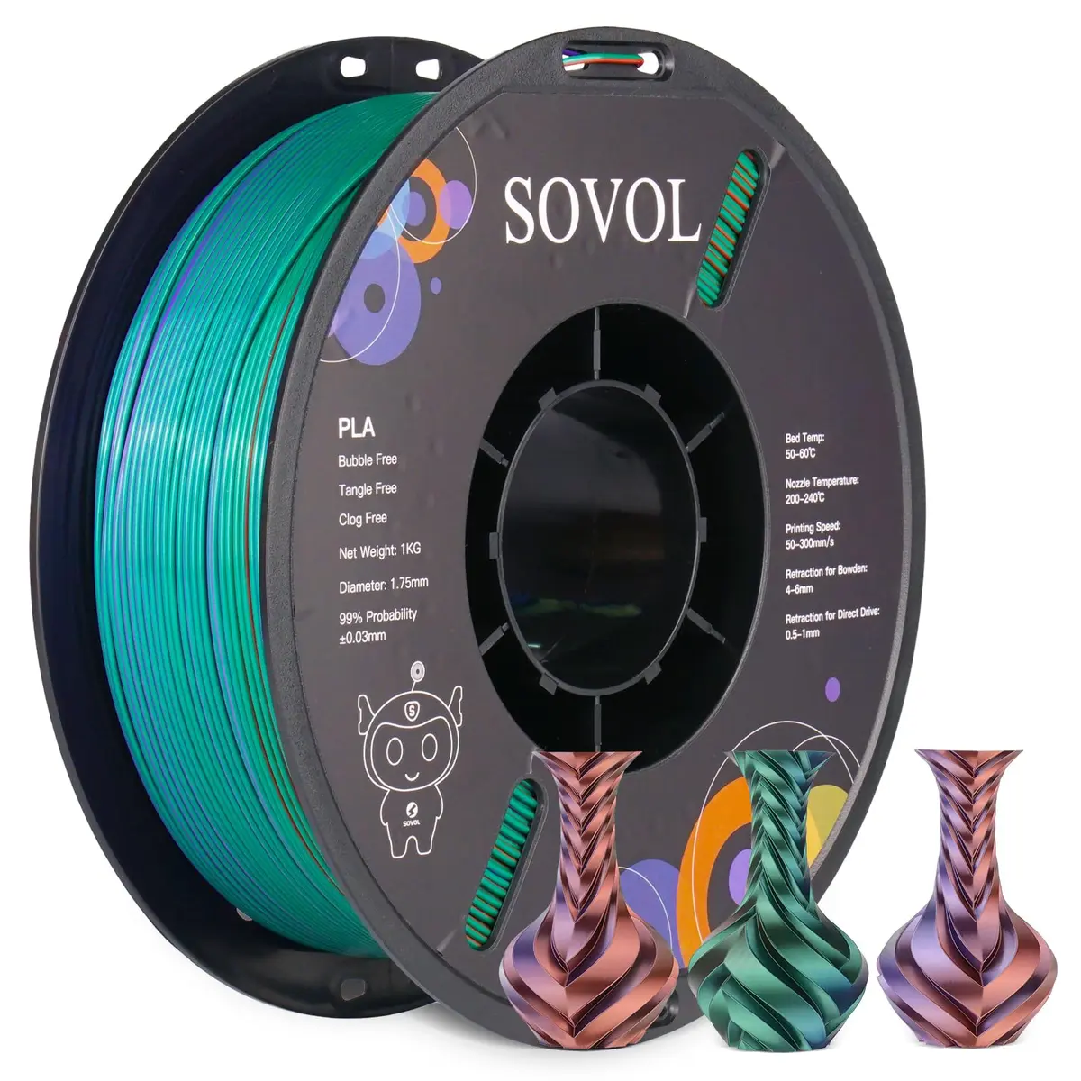 Sovol 3D Printer PLA Filament Silk Tricolor 1.75mm 1kg | Multicolor Silk with US Raw Material - view 8