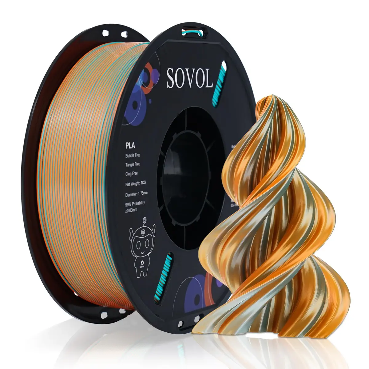 Sovol Dual Color Silk PLA Filament 1kg | Orange + Light Blue, Co-extruded, Easy to Print - main product image