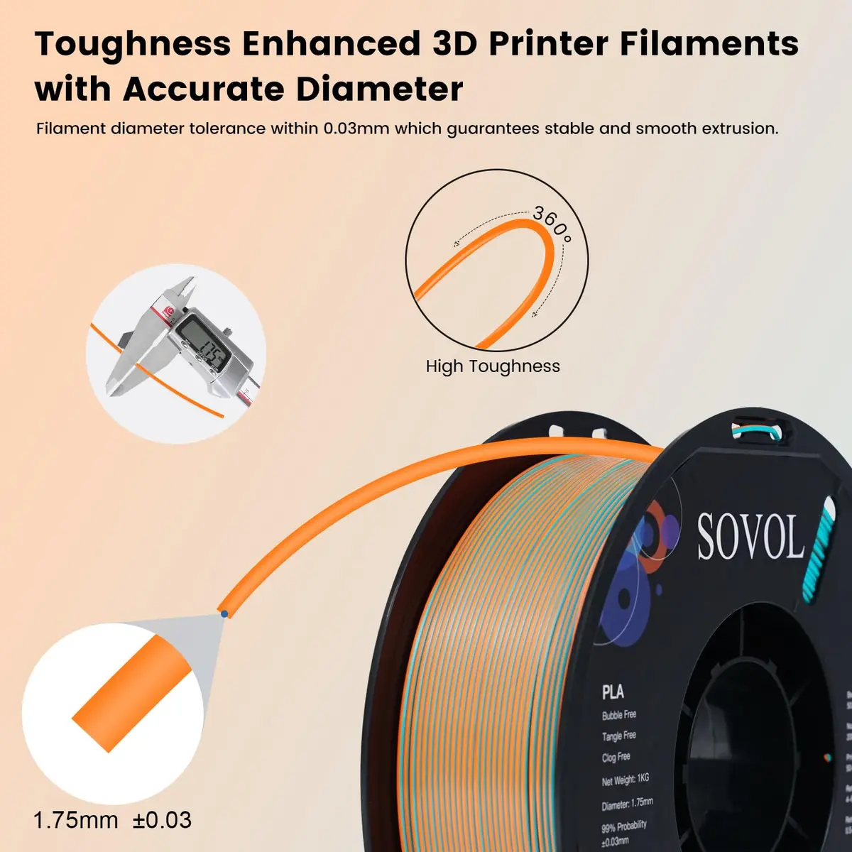 Sovol Dual Color Silk PLA Filament 1kg | Orange + Light Blue, Co-extruded, Easy to Print - view 5