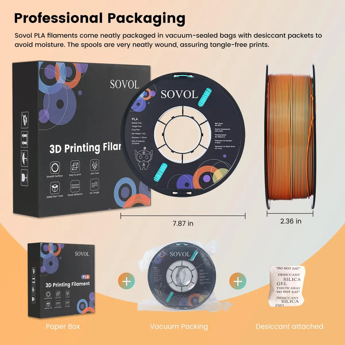 Sovol Dual Color Silk PLA Filament 1kg | Orange + Light Blue, Co-extruded, Easy to Print - view 6