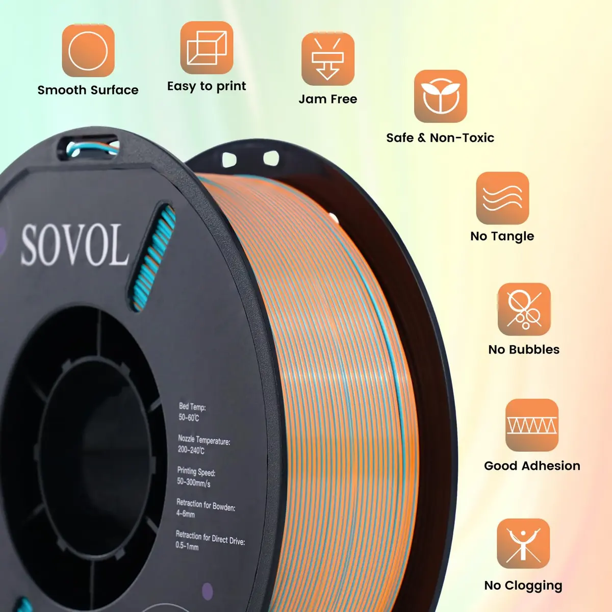 Sovol Dual Color Silk PLA Filament 1kg | Orange + Light Blue, Co-extruded, Easy to Print - view 3