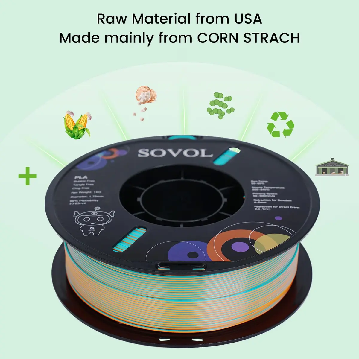Sovol Dual Color Silk PLA Filament 1kg | Orange + Light Blue, Co-extruded, Easy to Print - view 4