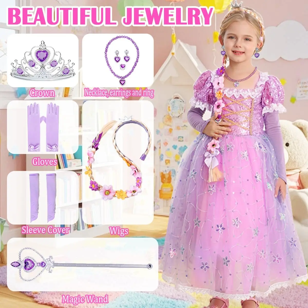 iTVTi Girls Purple Princess Cosplay Dress Costume,5-6 Years | Fairy Tale Role Play Outfit - view 4