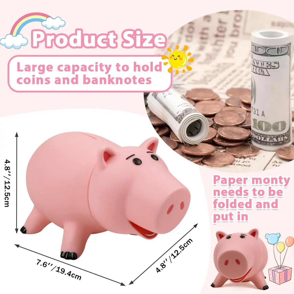 PHOCAS Pink Piggy Bank Unbreakable 7.6" x 4.8" x 4.8" | Durable Kids Coin Bank for Saving - view 2