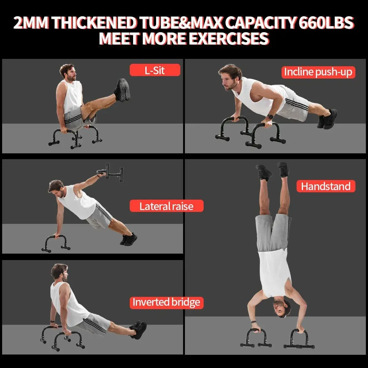 Teclor Black Calisthenics Stand with 660LBS Capacity | Heavy Duty Steel Push Up Bars for Full Body Workouts - view 5