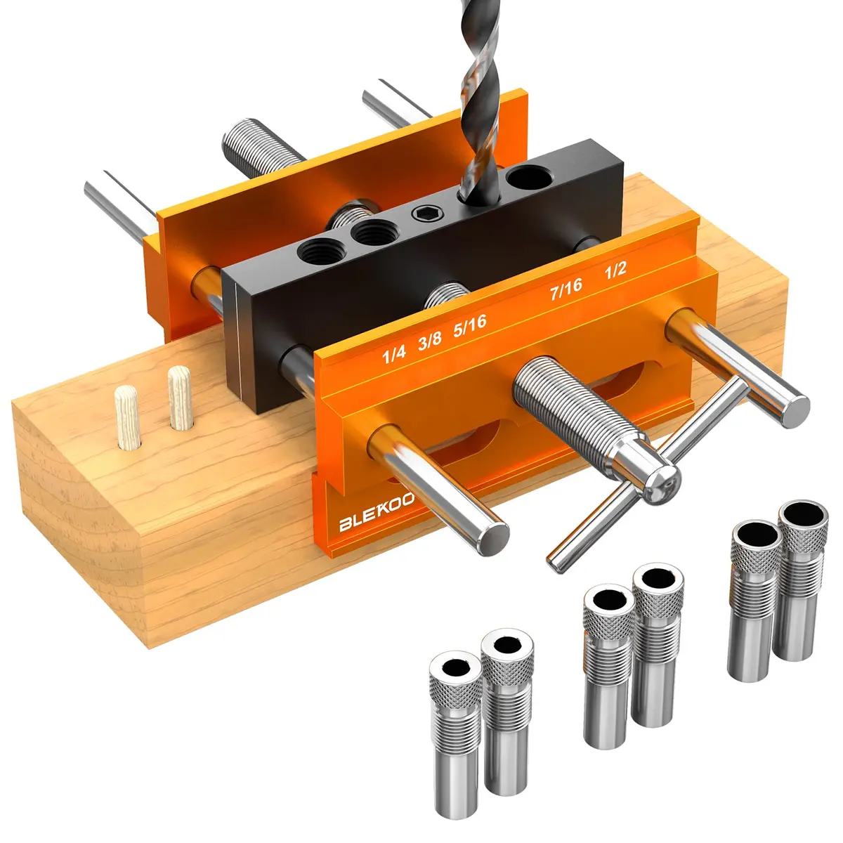 blekoo Upgraded Self Centering Doweling Jig Kit with 6 Drill Guide Bushings, 6.7 inch Adjustable Width Drilling Guide | Orange - main product image