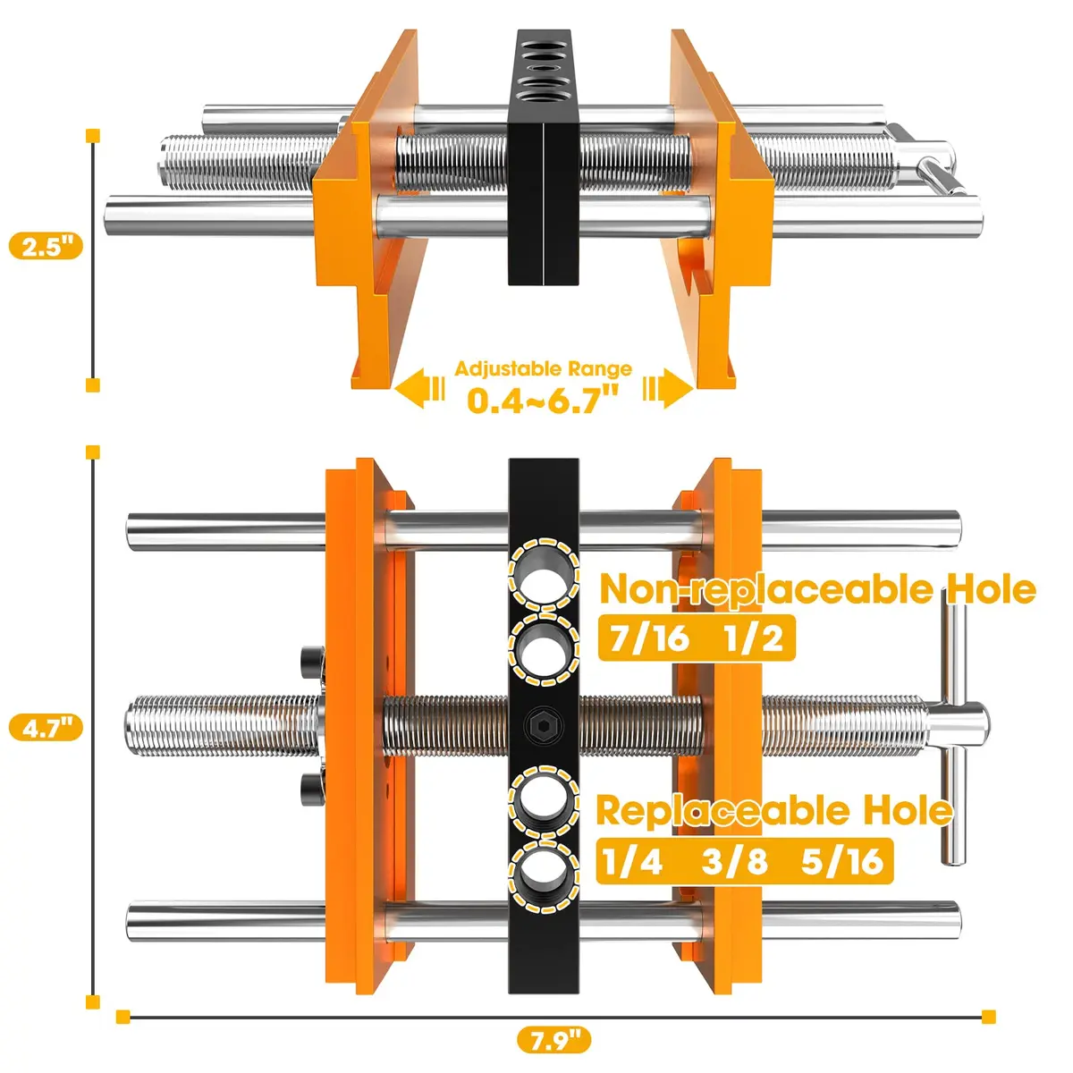 blekoo Upgraded Self Centering Doweling Jig Kit with 6 Drill Guide Bushings, 6.7 inch Adjustable Width Drilling Guide | Orange - view 5