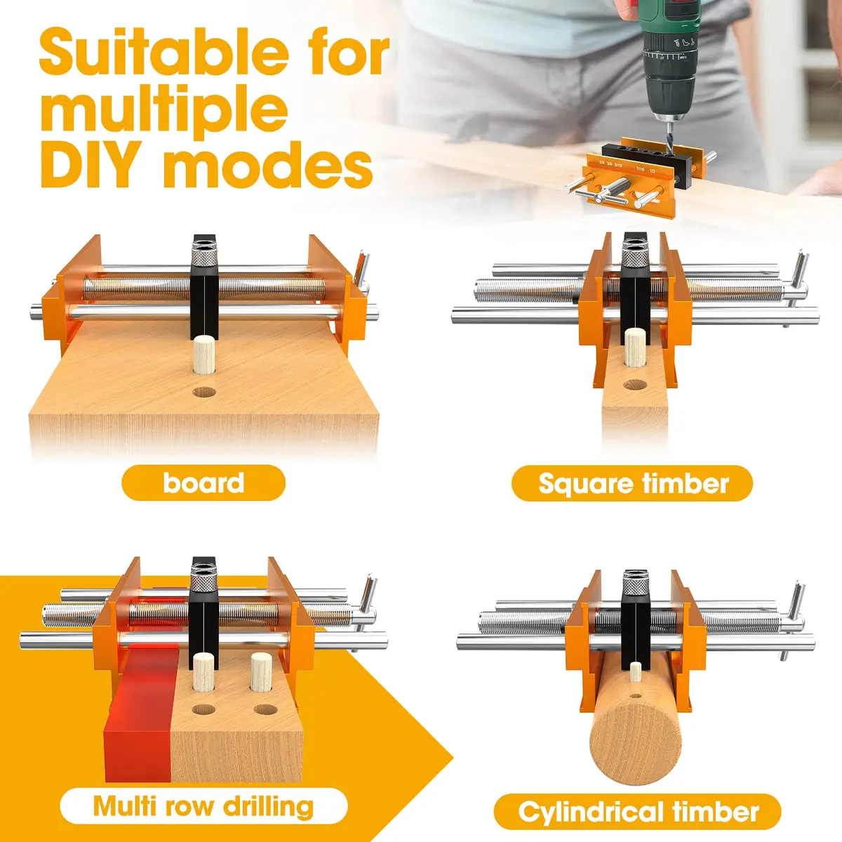 blekoo Upgraded Self Centering Doweling Jig Kit with 6 Drill Guide Bushings, 6.7 inch Adjustable Width Drilling Guide | Orange - view 6