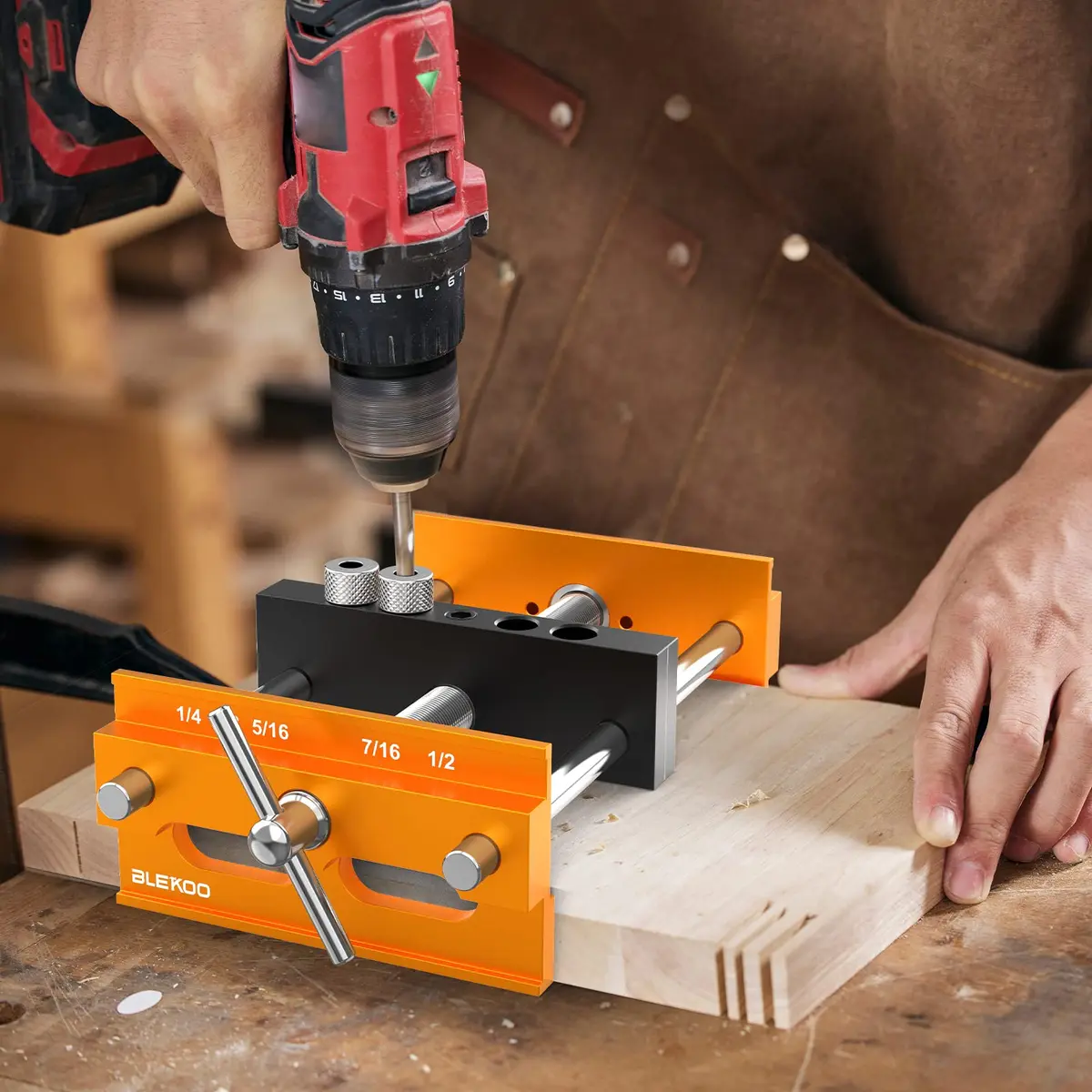 blekoo Upgraded Self Centering Doweling Jig Kit with 6 Drill Guide Bushings, 6.7 inch Adjustable Width Drilling Guide | Orange - view 7